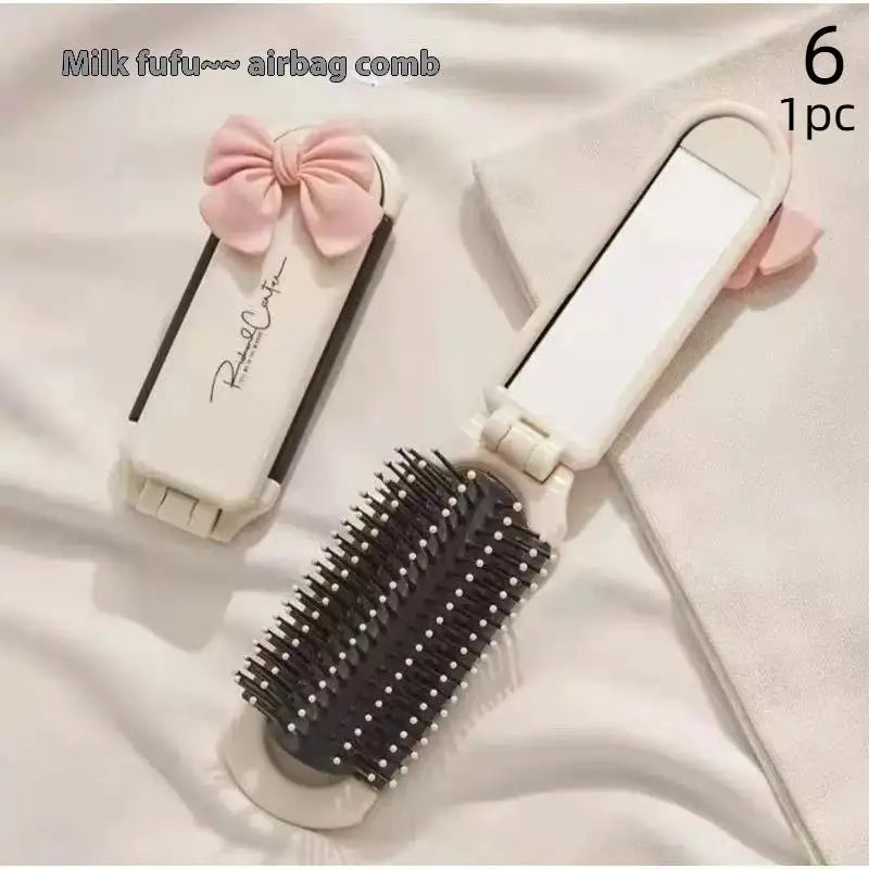Mini Portable Hair Brush Folding Comb Head With Mirror