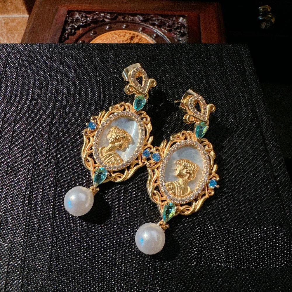 Women Gemstone Necklace Textured 18K Gold Zirconia Pearl Earrings