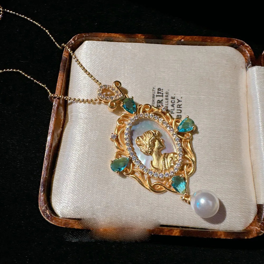 Women Gemstone Necklace Textured 18K Gold Zirconia Pearl Earrings