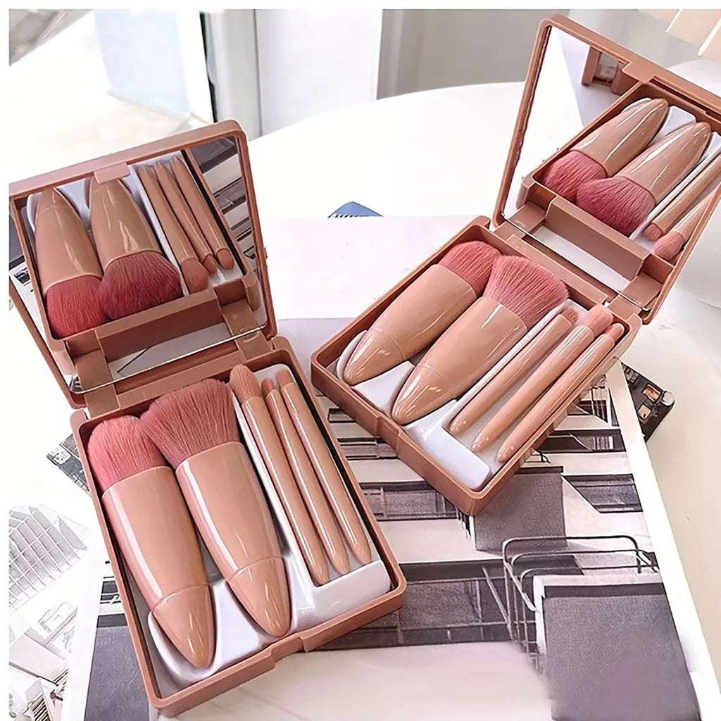 5Pcs Makeup Brush Set With Mirror -  Foldable Kit