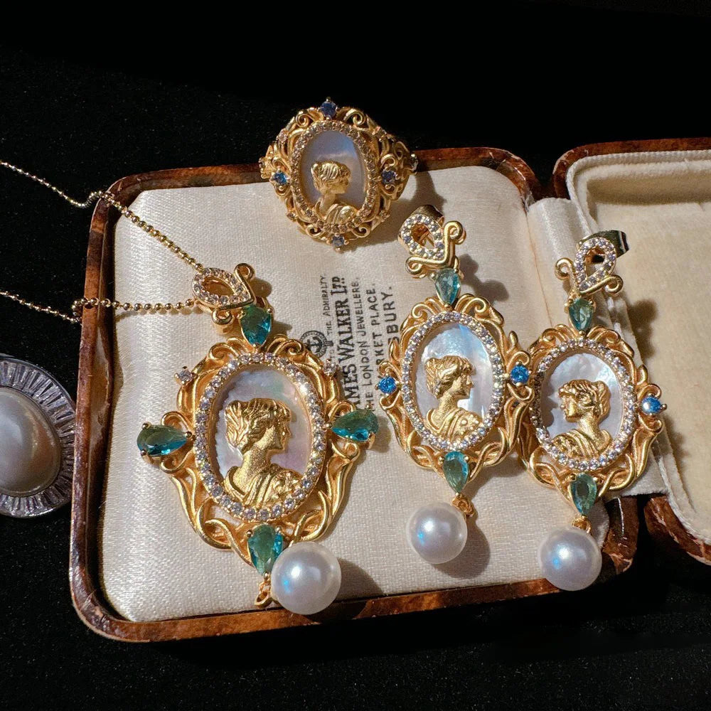 Women Gemstone Necklace Textured 18K Gold Zirconia Pearl Earrings