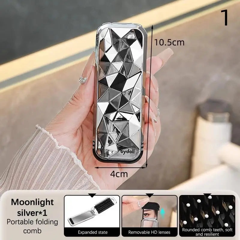 Mini Portable Hair Brush Folding Comb Head With Mirror