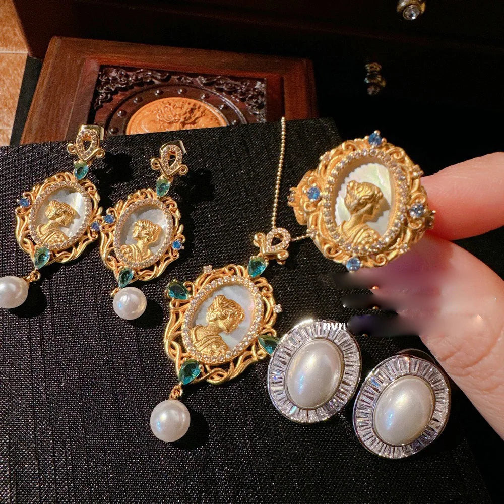 Women Gemstone Necklace Textured 18K Gold Zirconia Pearl Earrings