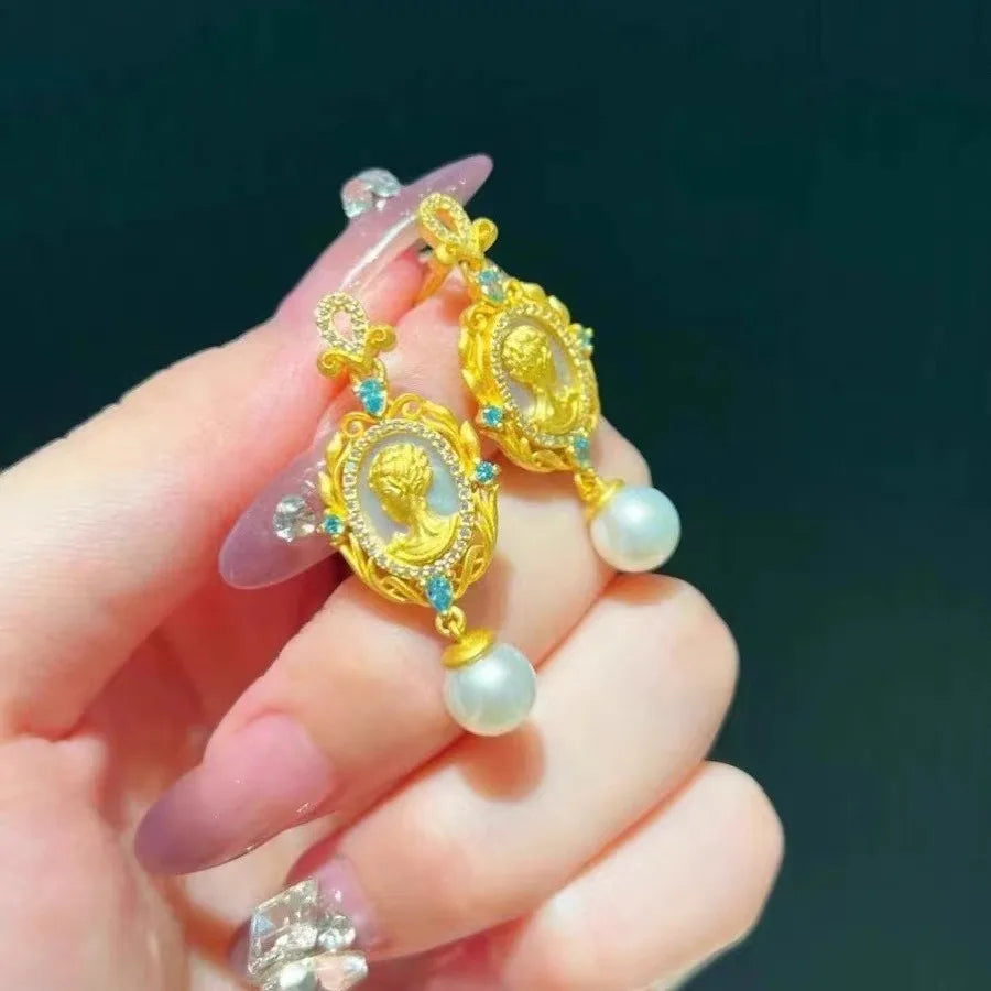 Women Gemstone Necklace Textured 18K Gold Zirconia Pearl Earrings