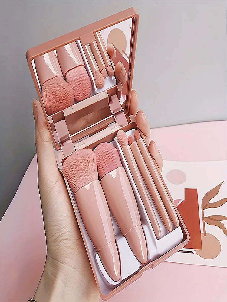 5Pcs Makeup Brush Set With Mirror -  Foldable Kit