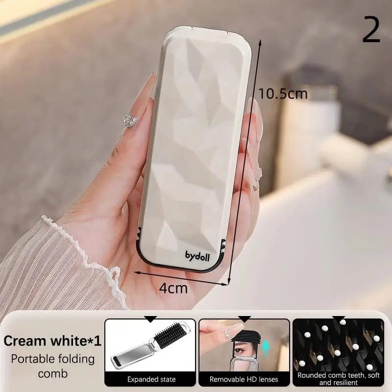 Mini Portable Hair Brush Folding Comb Head With Mirror